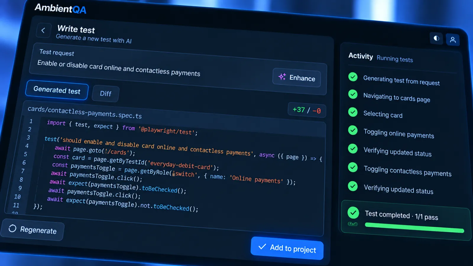 A generated end-to-end test for checkout, with its steps, priority and coverage.