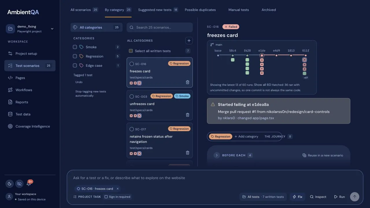 AmbientQA test scenarios, coverage overview and failure analysis.
